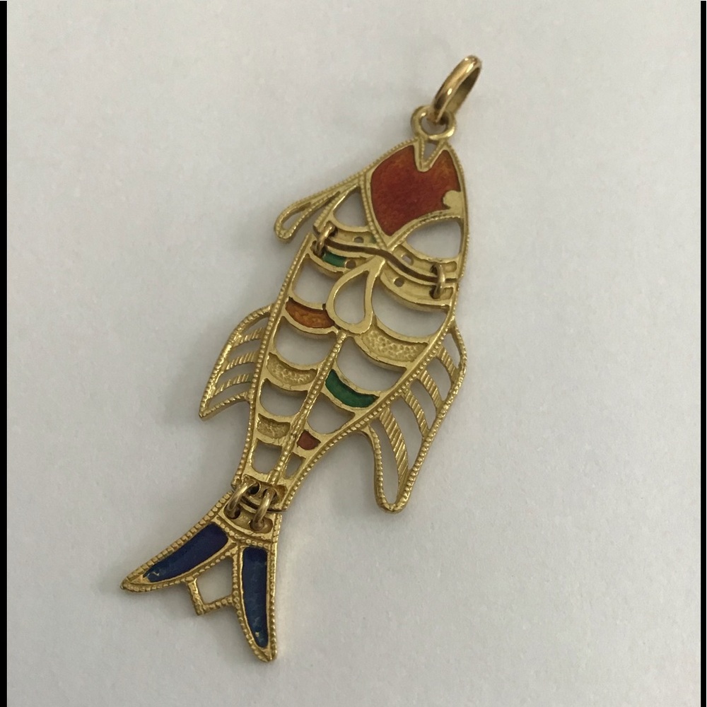 Large Solid 18K Gold Enamel Fish Pendant 5.8 Grams